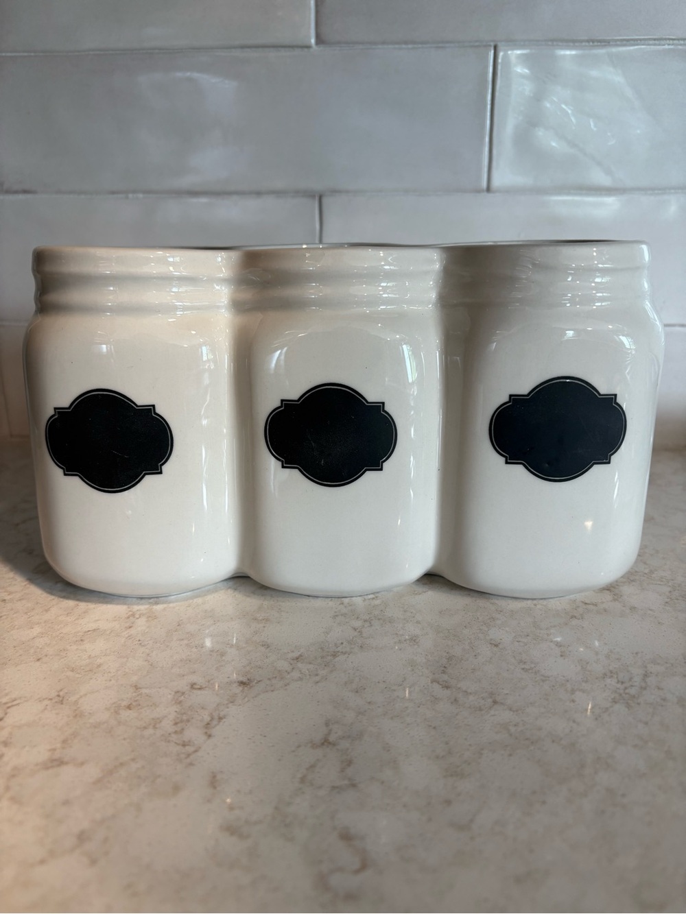 White Ceramic “Mason Jar”Trio Utensil Caddy w/Chalkboard Writable Labels